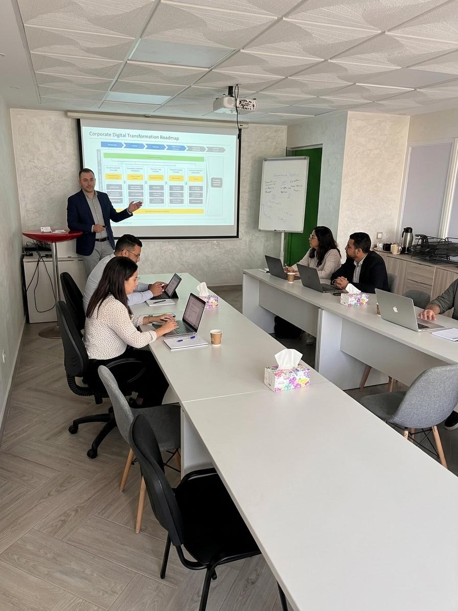 Salle de formation ProConnect — séance en cours avec projecteur